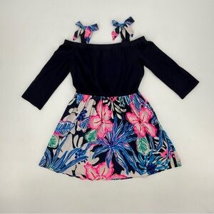 Lilly Pulitzer Girls Off Shoulder Bow Strap Dress Floral Navy Top 3/4 Sleeve